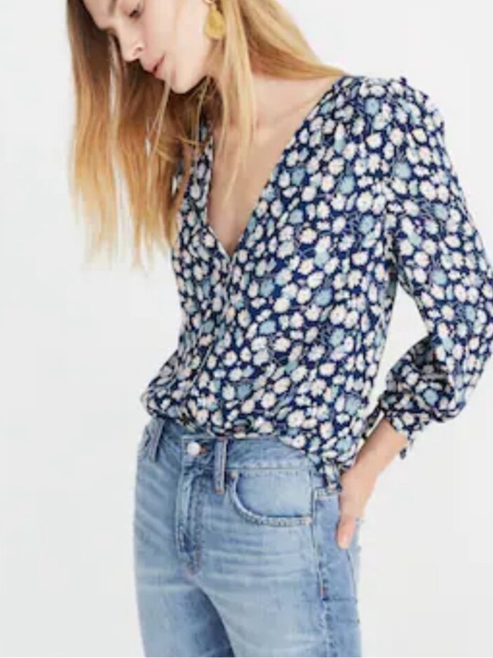 NWT Madewell Tie Sleeve Button Down Top M French Floral Blue Blouse